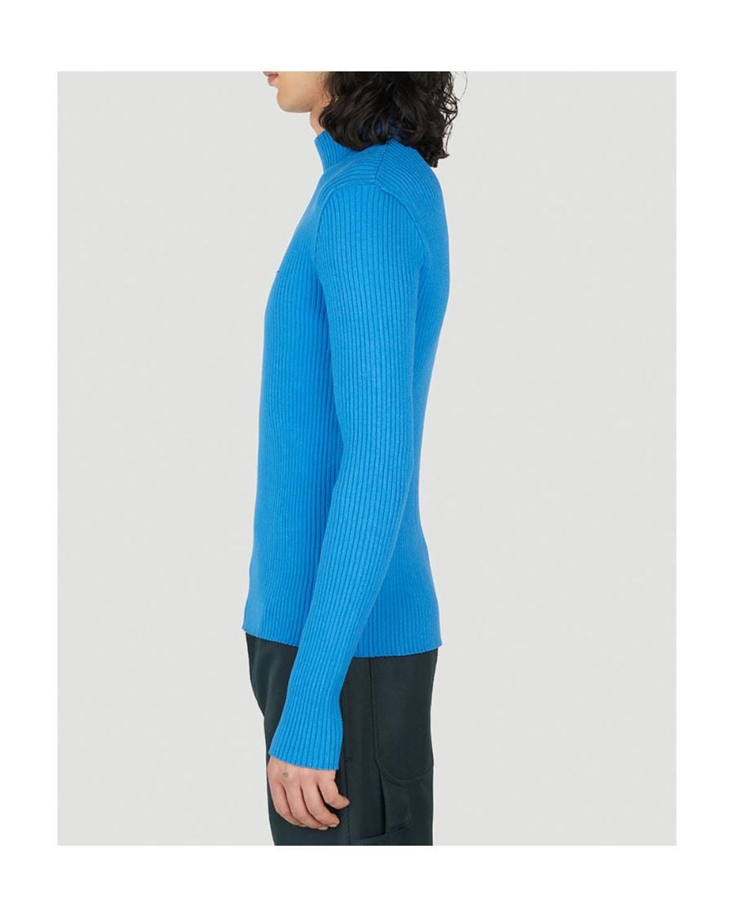 Courreges Blue Ribbed-Knit Mock-Neck Jumper for men