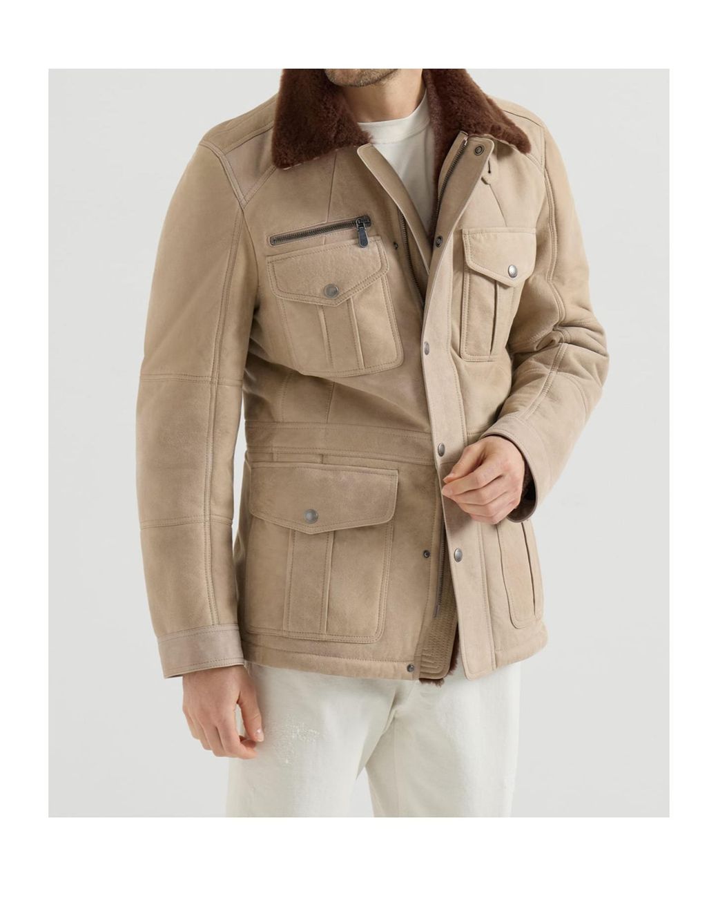 Brunello Cucinelli Brown Waxed Shearling Safari Jacket for men