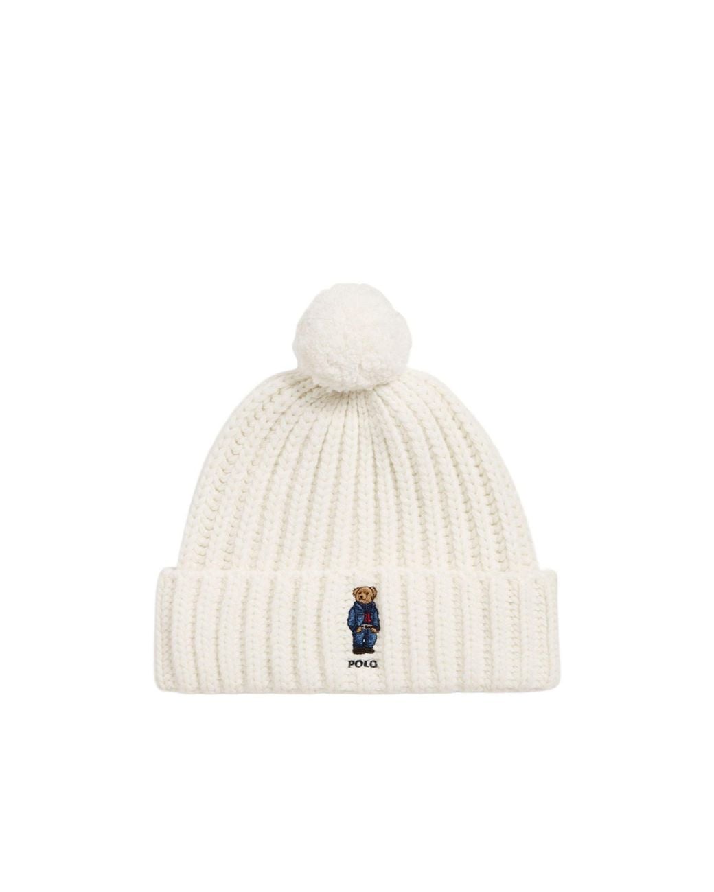 Polo Ralph Lauren White Bear Rib Pom Pom Beanie