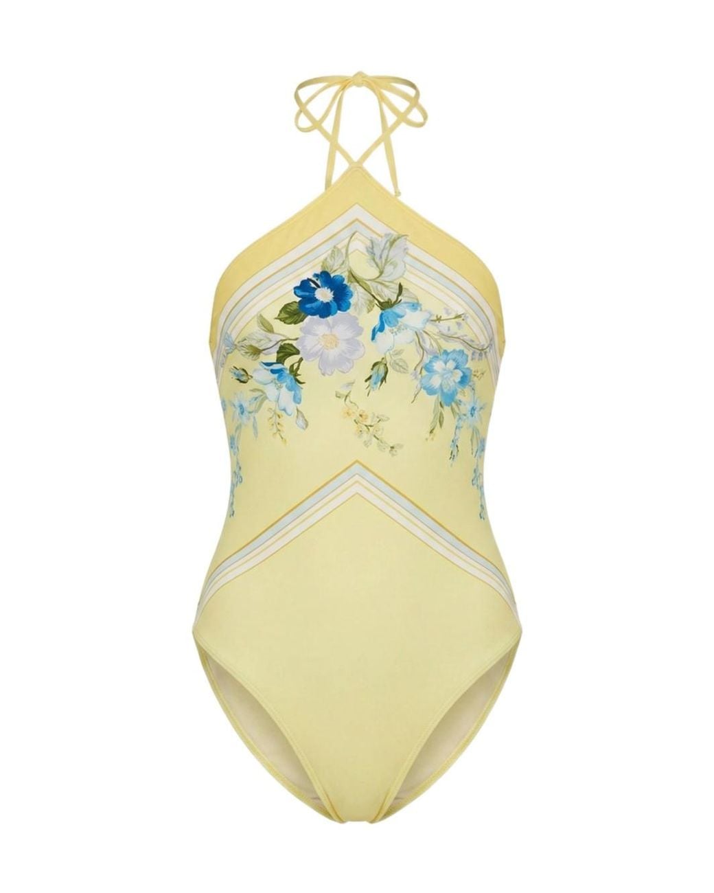 Self-Portrait Blue Floral Print Halterneck Swimsuit