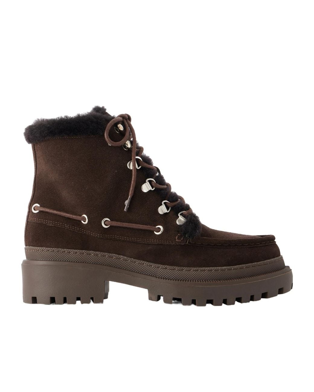 Yves Salomon Brown Eyelet-Detailed Brushed Shearling-Trimmed Suede Ankle Boots