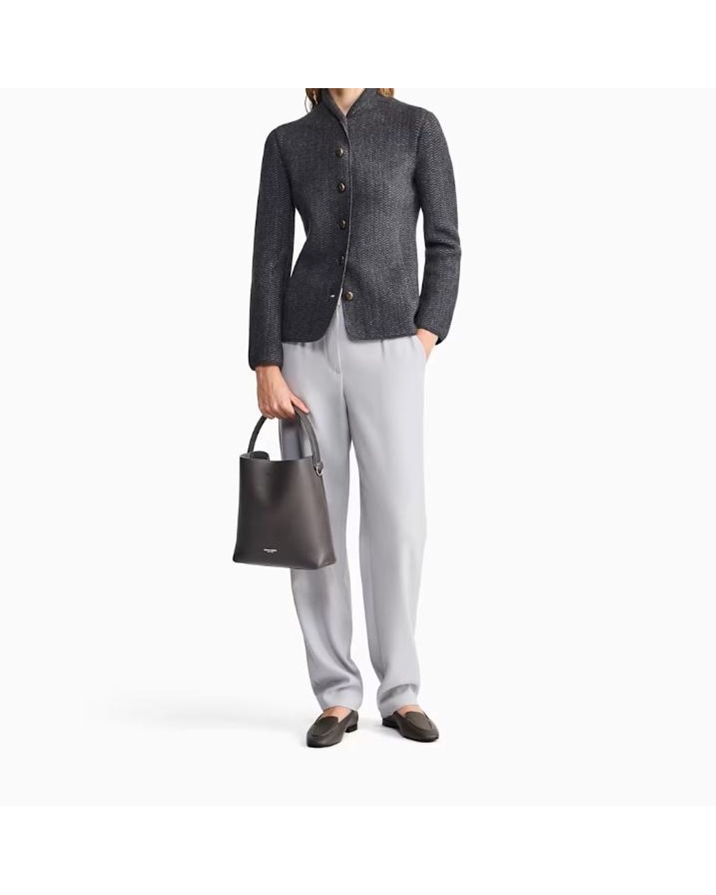 Giorgio Armani Gray Herringbone Cashmere Knit Jacket With Stand Collar