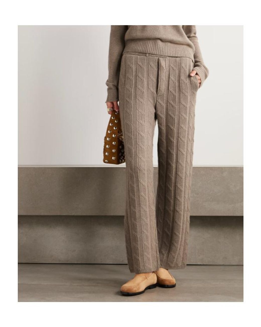 Lisa Yang Gray Ebba Cable Knit Cashmere Wide-Leg Pants