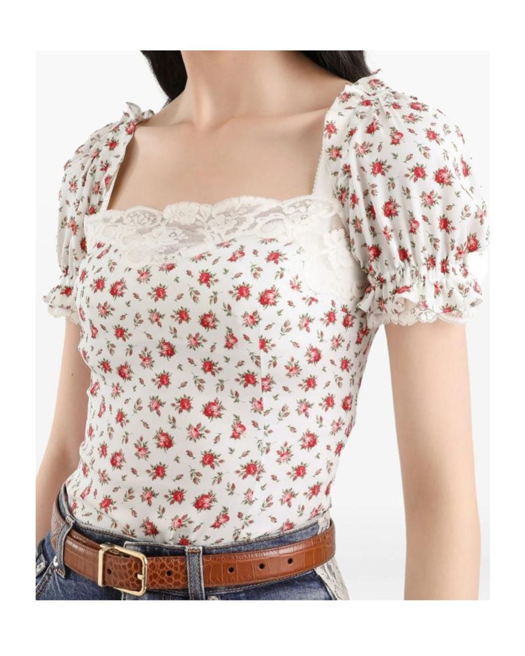 Dolce & Gabbana White Small Rose-Printed Charmeuse Top
