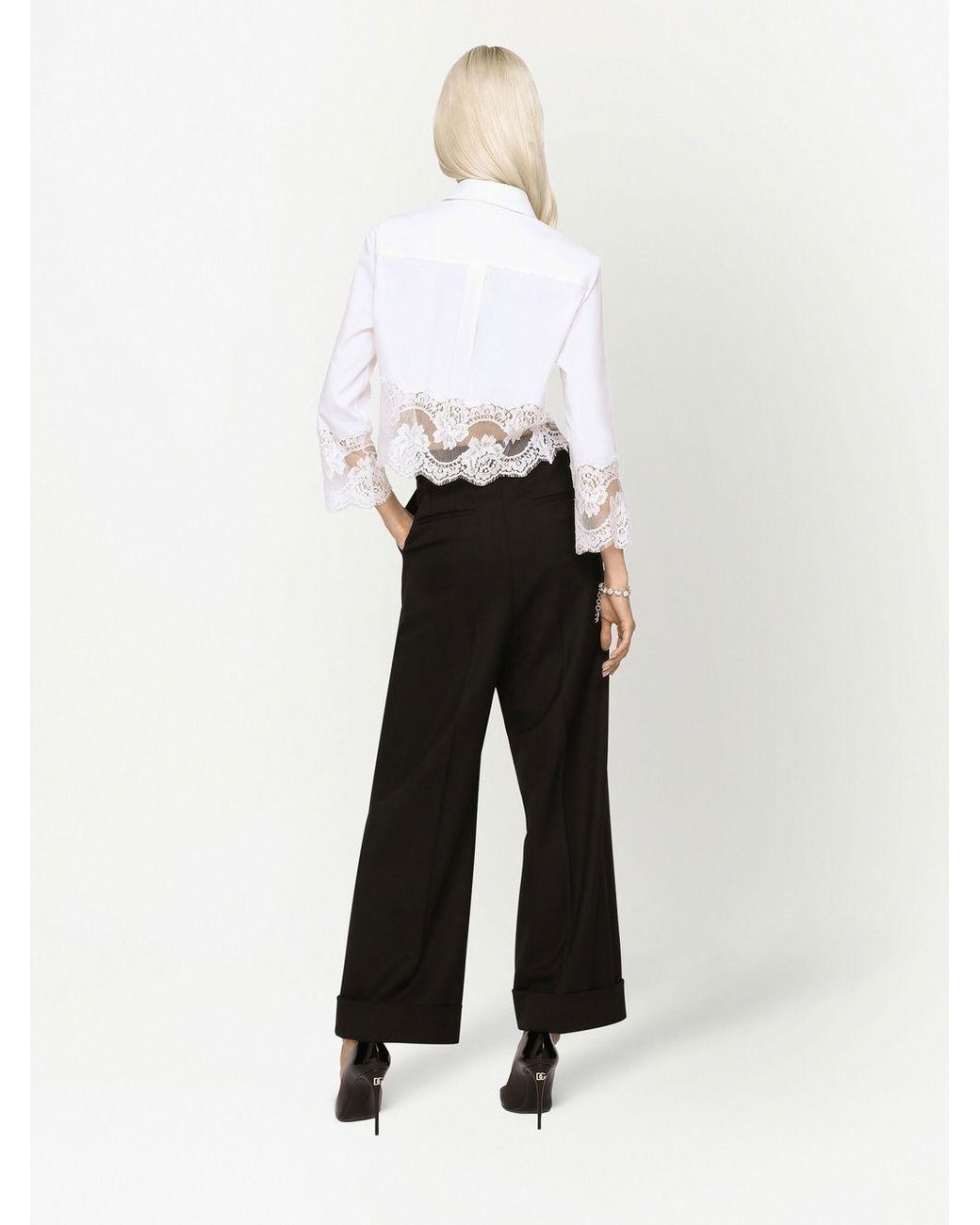 Dolce & Gabbana White Lace Detailed Cropped Poplin Shirt