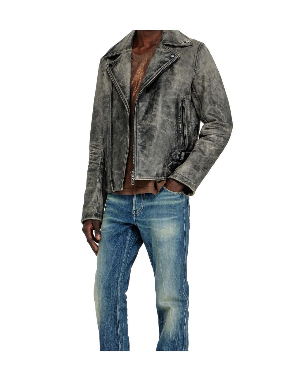DIESEL Gray Apos;S Treated Leather Biker Jacket for men