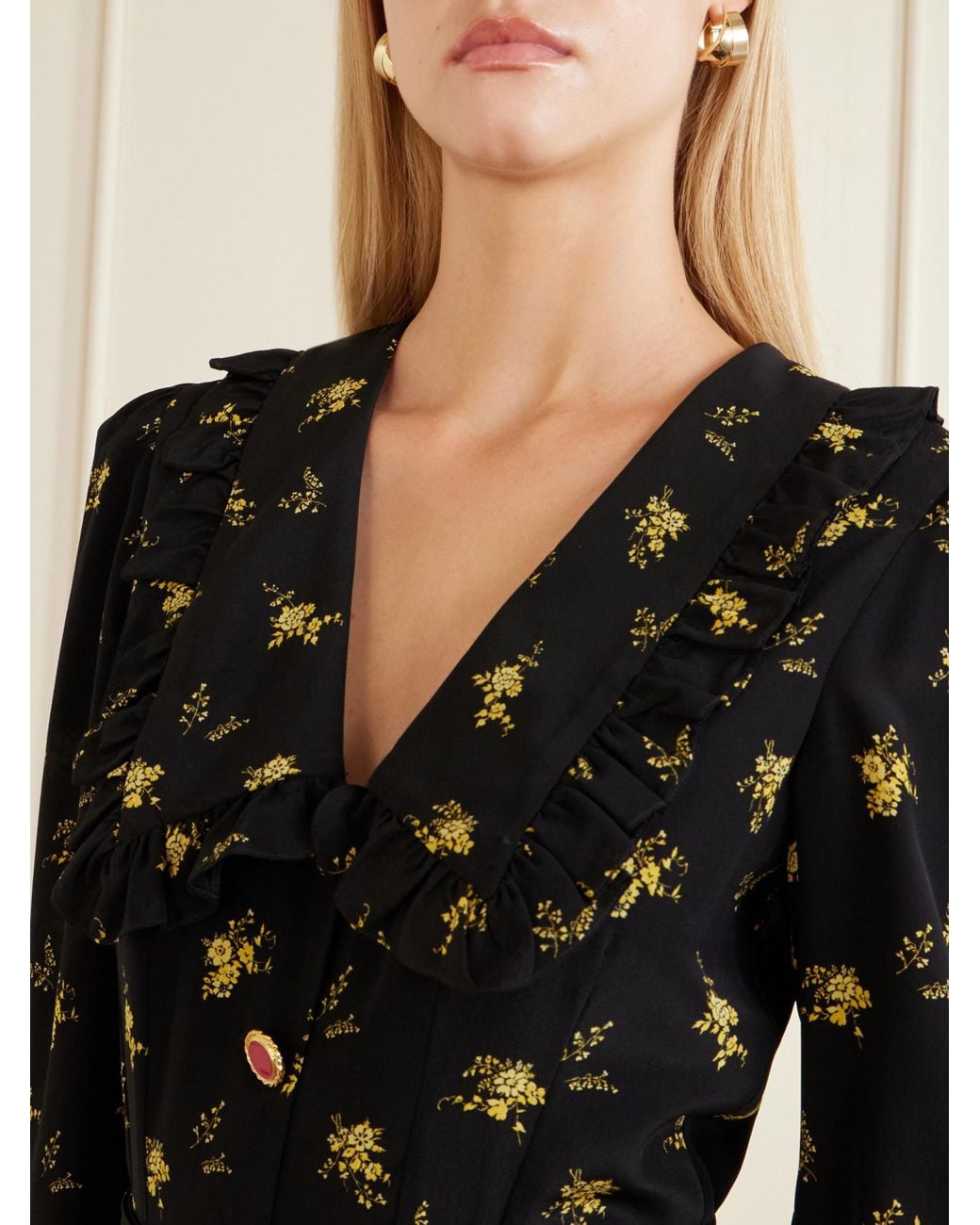 Alessandra Rich Black Belted Ruffled Floral-Print Silk-Crepe Midi Dress