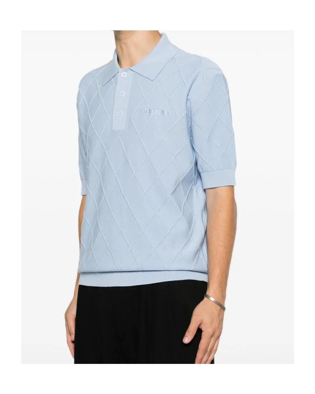 Balmain Blue Diamond-Knit Logo-Embroidered Polo Shirt for men