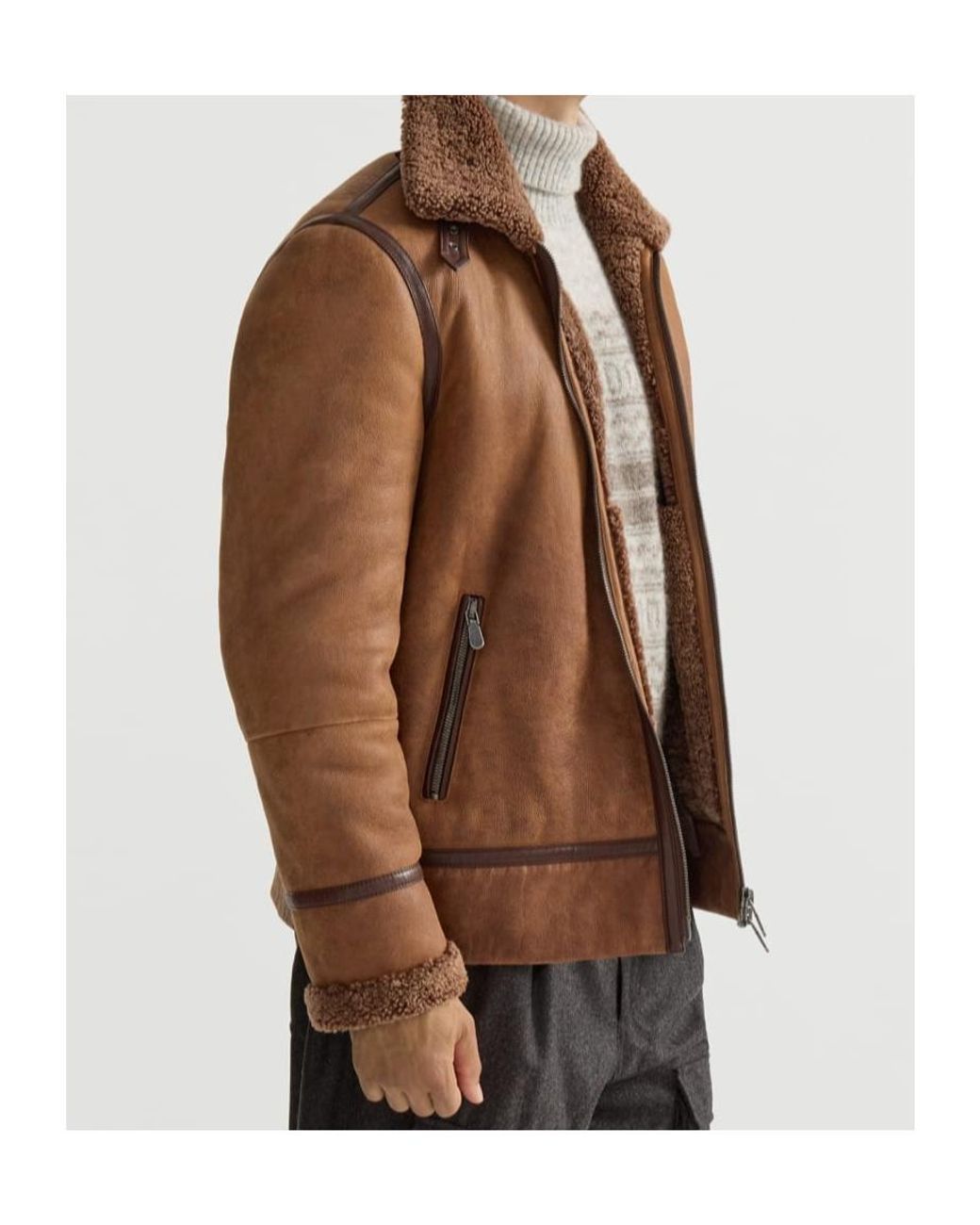 Brunello Cucinelli Brown Vintage-Effect Shearling Aviator Jacket for men