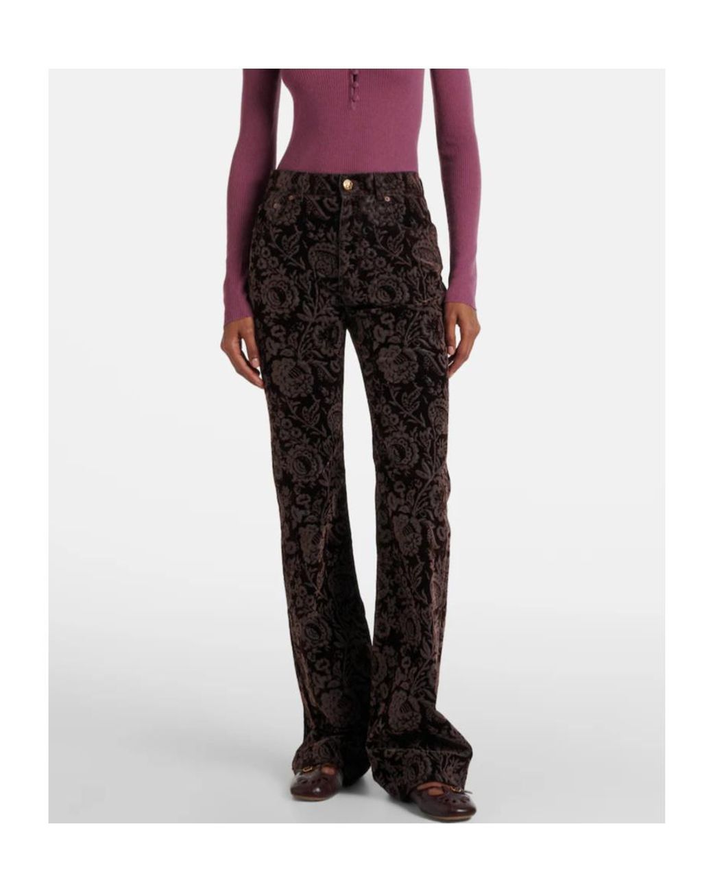 Chloé Black Floral High-Rise Velvet Straight Pants