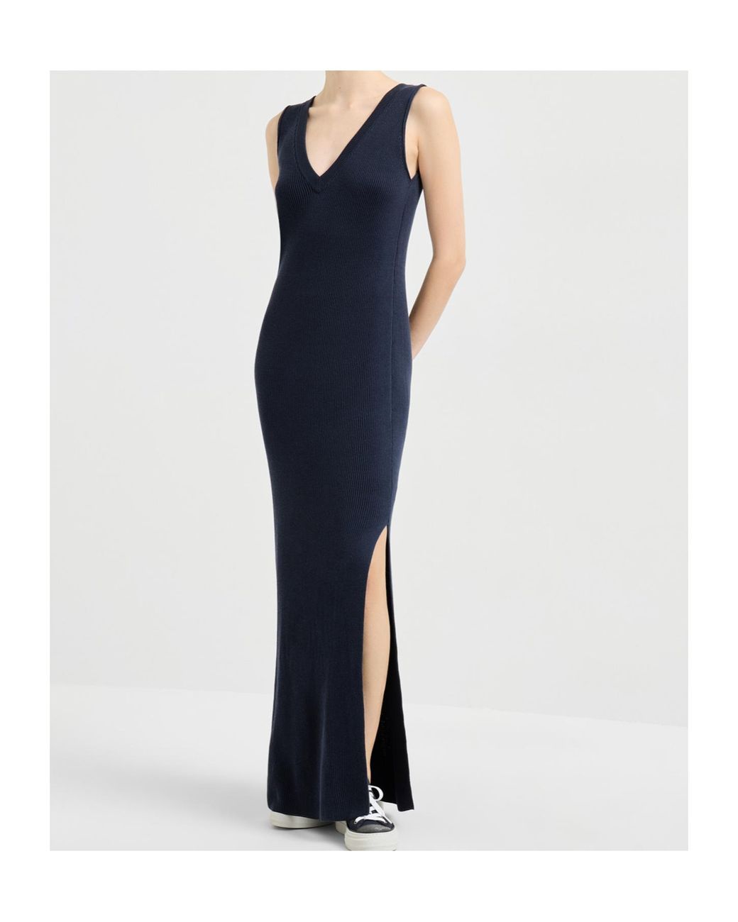 Brunello Cucinelli Blue Cotton Rib Knit Dress With Precious Strap