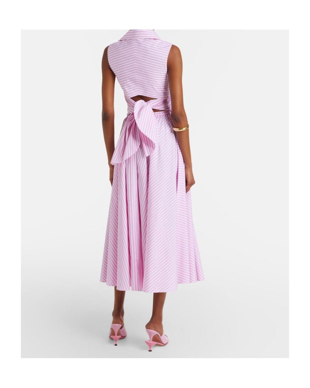 Patou Pink Pleated Striped Cotton Poplin Midi Skirt