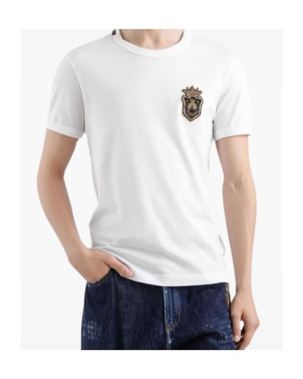 Dolce & Gabbana White Embroidered Crest T-Shirt for men