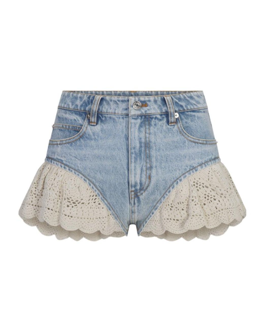 FRAME Blue Crochet Ruffle Denim Shorts