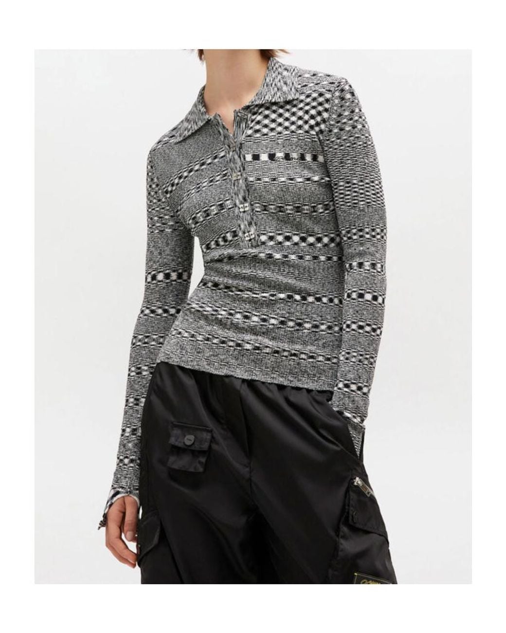 Ganni Gray Striped Knitted Polo Shirt