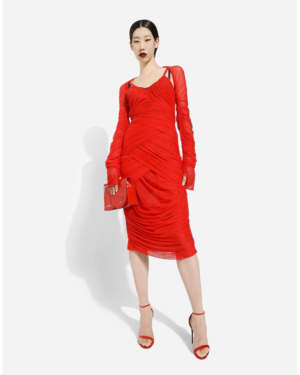 Dolce & Gabbana Red Tulle Draped Long-Sleeved Midi Dress