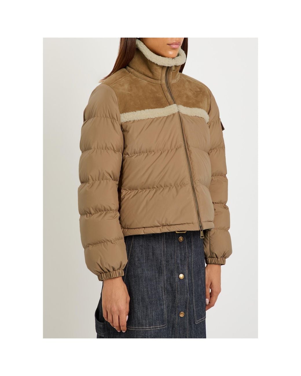 Moncler Natural Stand-Collar Patchwork Short Down Jacket