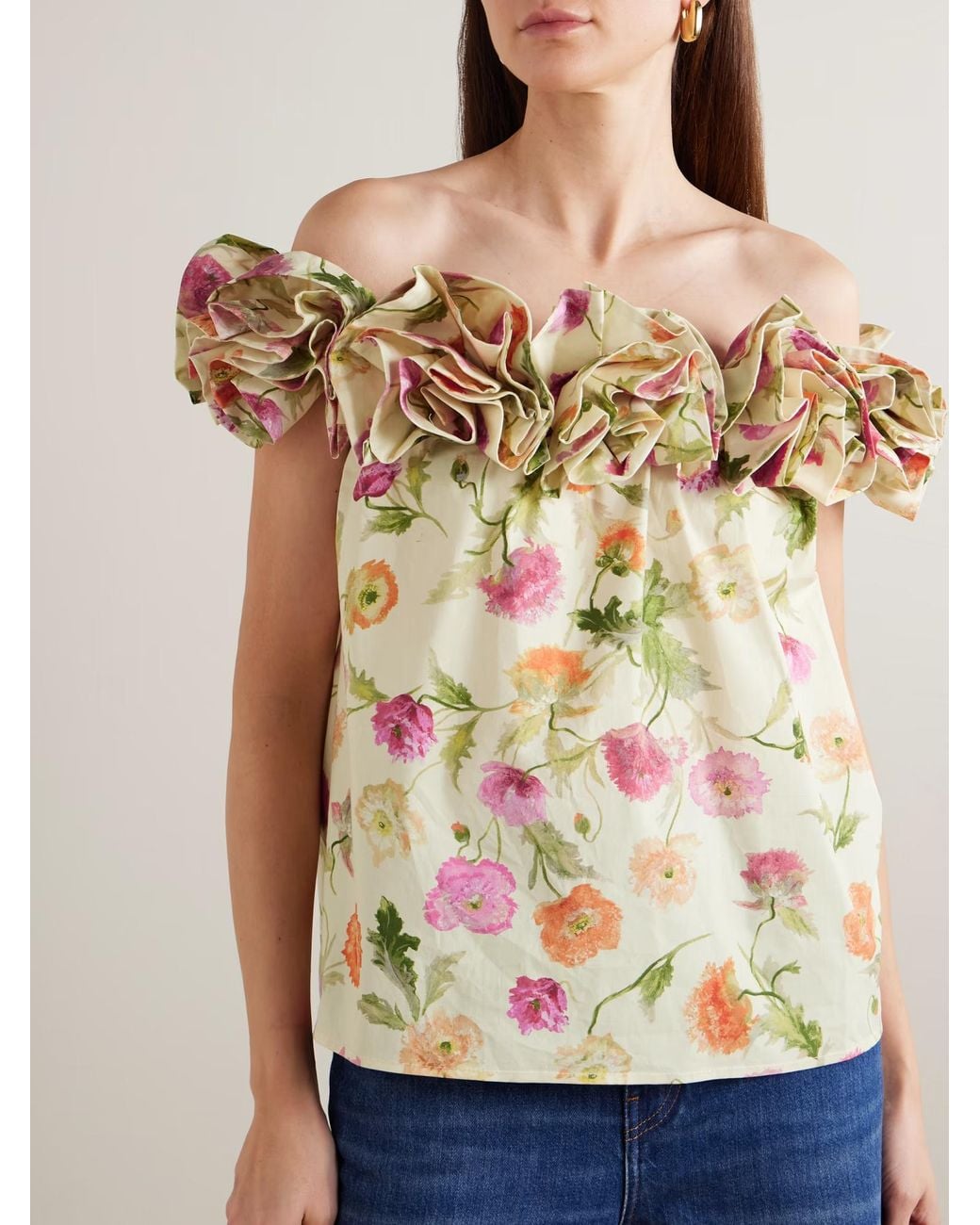 Carolina Herrera Metallic Off-Shoulder Ruffled Printed Top