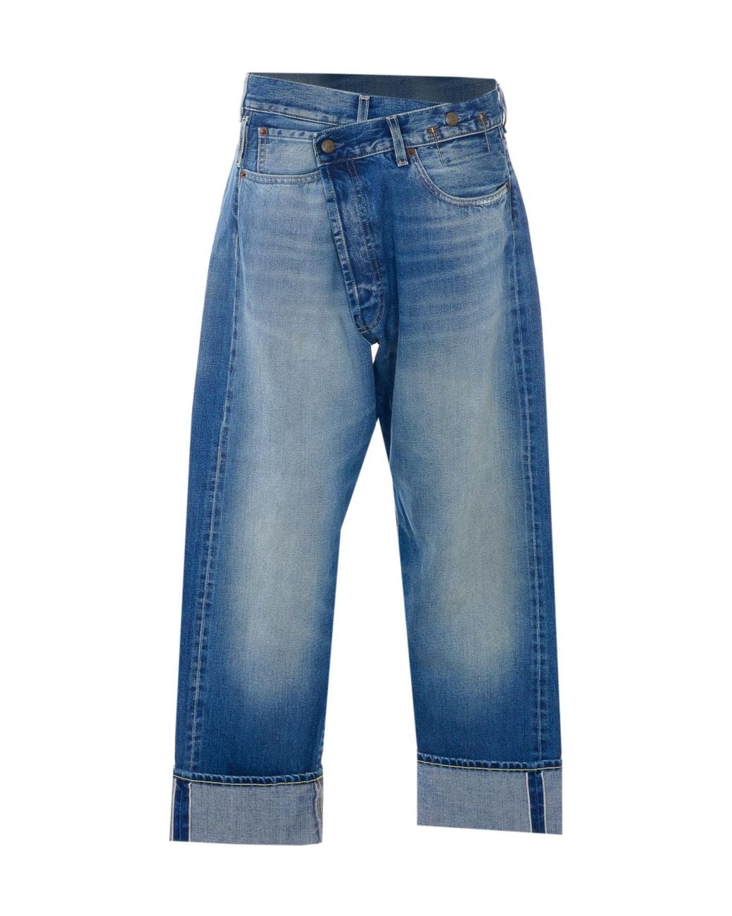 R13 Blue Crossover-Waist Turn-Up Hem Jeans