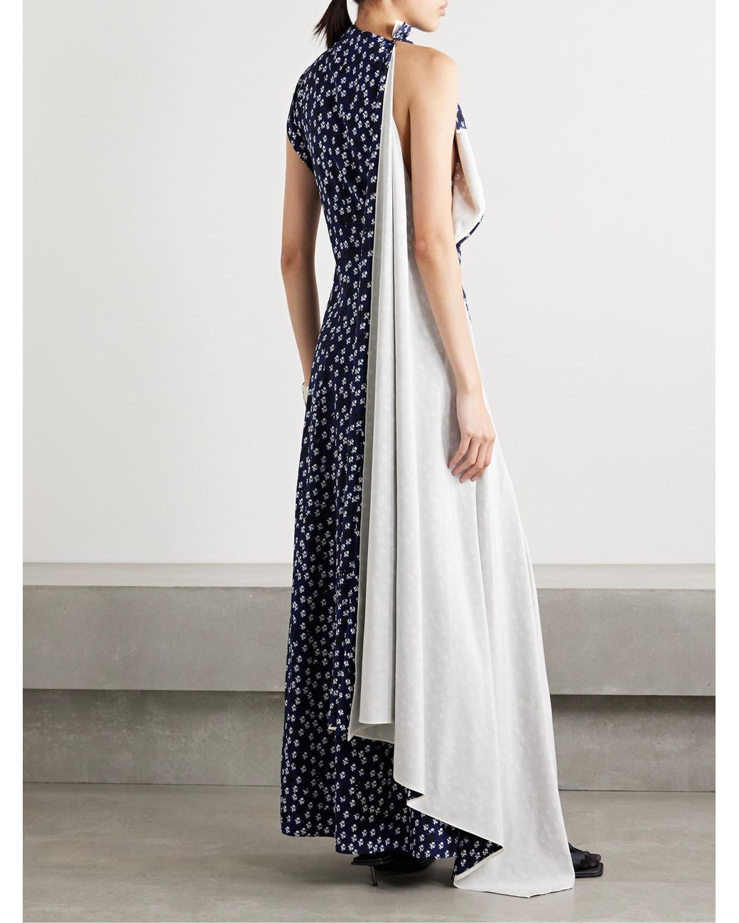 Proenza Schouler Blue Devyn Asymmetric Draped Floral-Print Poplin Maxi Dress