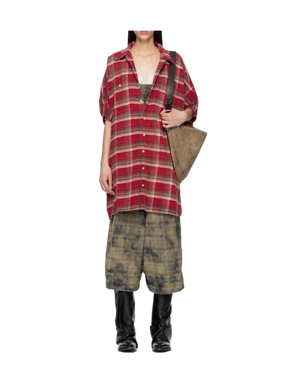 R13 Red Plaid Mini Shirt Dress
