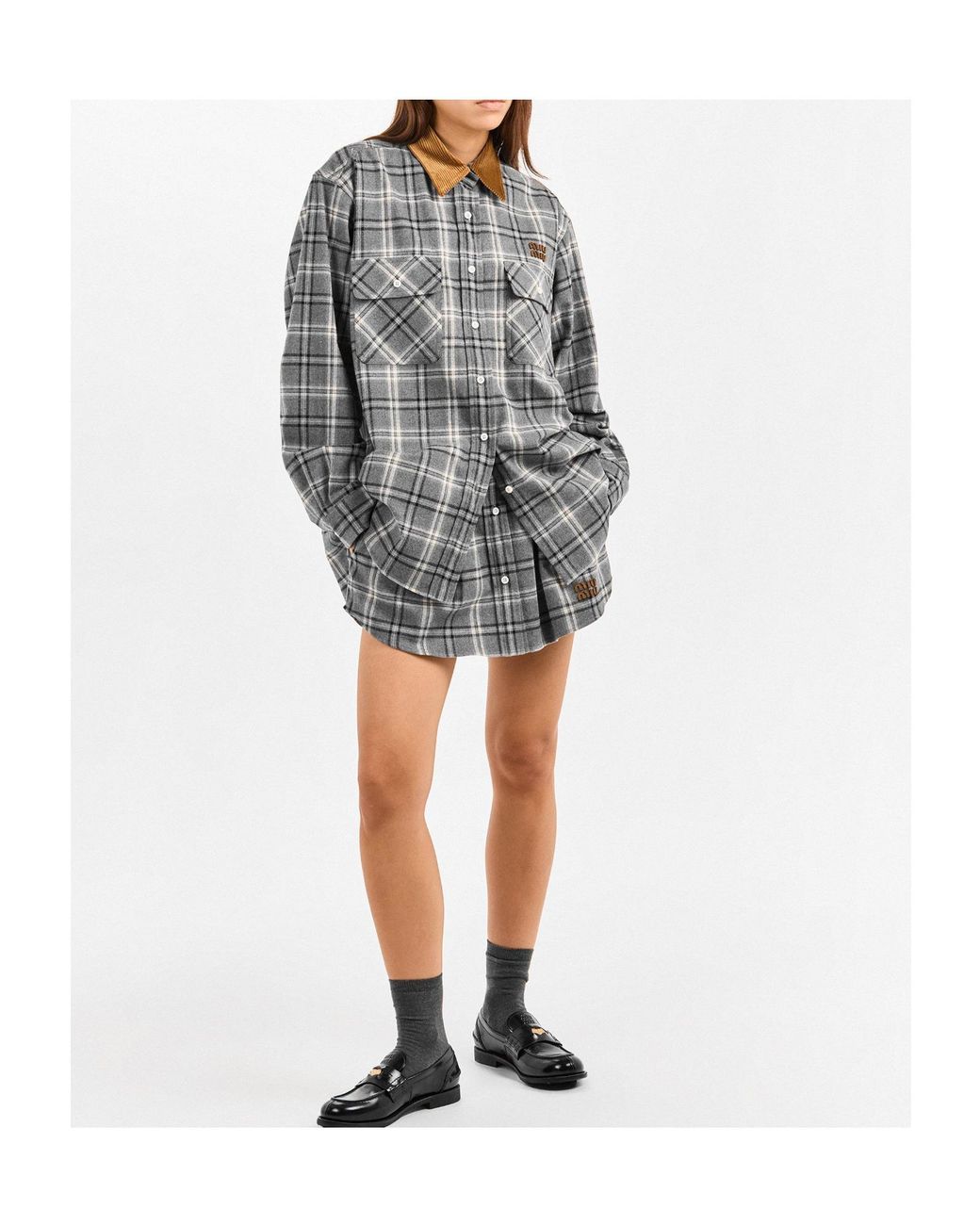 Miu Miu Gray Plaid Long Sleeve Shirt
