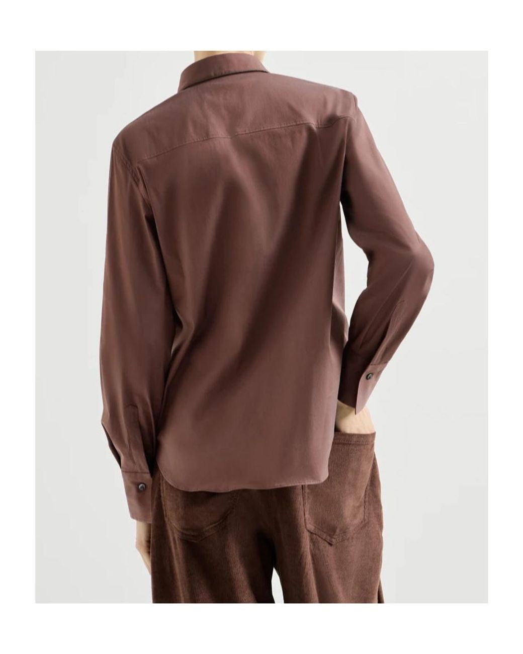 Brunello Cucinelli Brown Stretch Cotton Poplin Shirt With Shiny Collar
