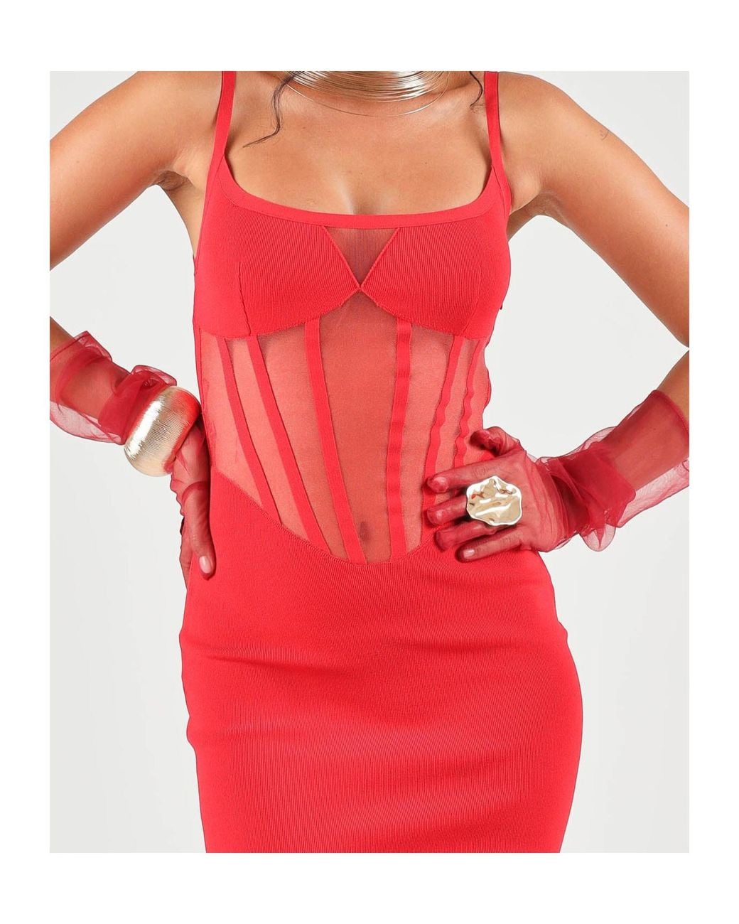 Elisabetta Franchi Red Sheer Panel Midi Dress