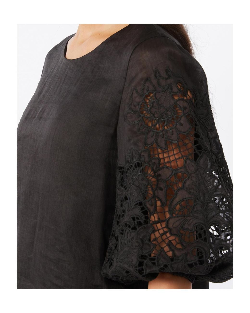 Max Mara Black Washed Ramie Gauze And Broderie Anglaise Mstordine T-Shirt