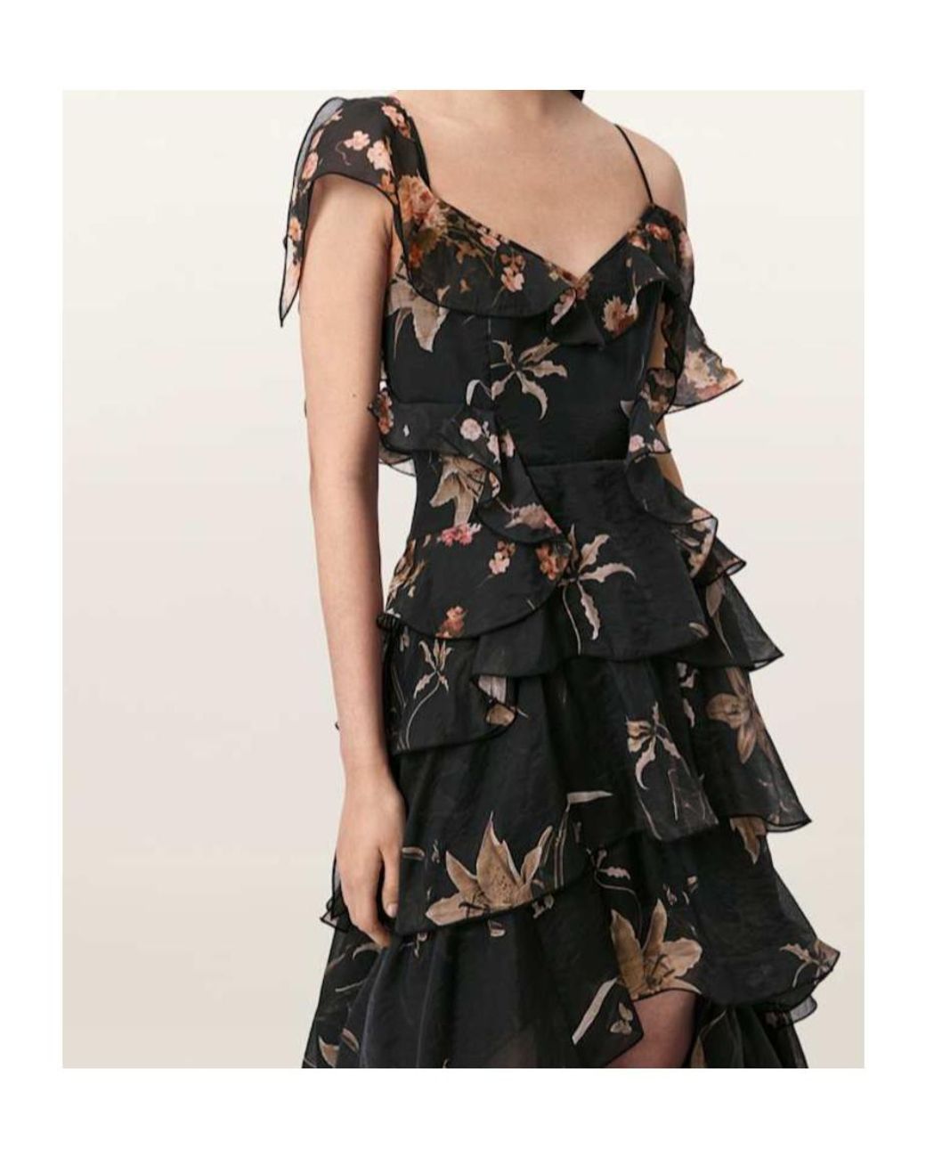 AllSaints Black Sienna Ruffled Floral-Print Midi Dress
