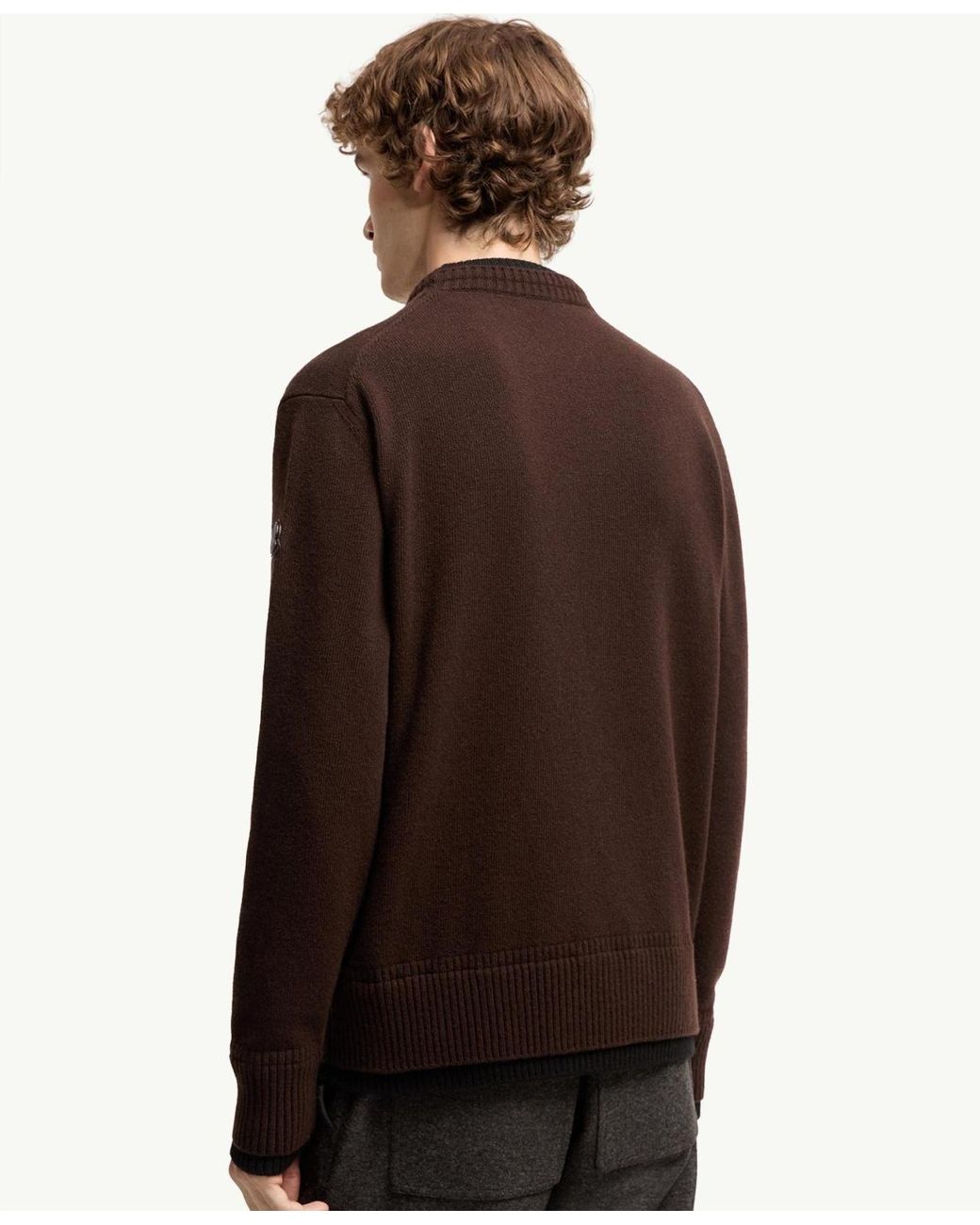 Moncler Brown Leather Logo Wool Cashmere Blend Sweater for men