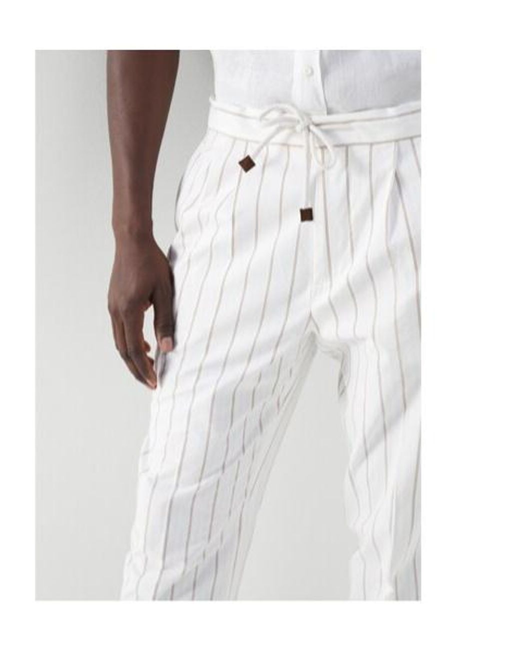 Brunello Cucinelli White Striped Drawstring Cotton Trousers for men