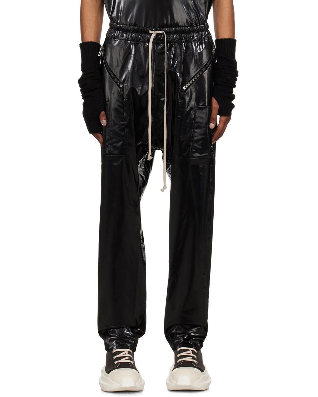 Rick Owens Black Glossy-Finish Drop-Crotch Trousers for men