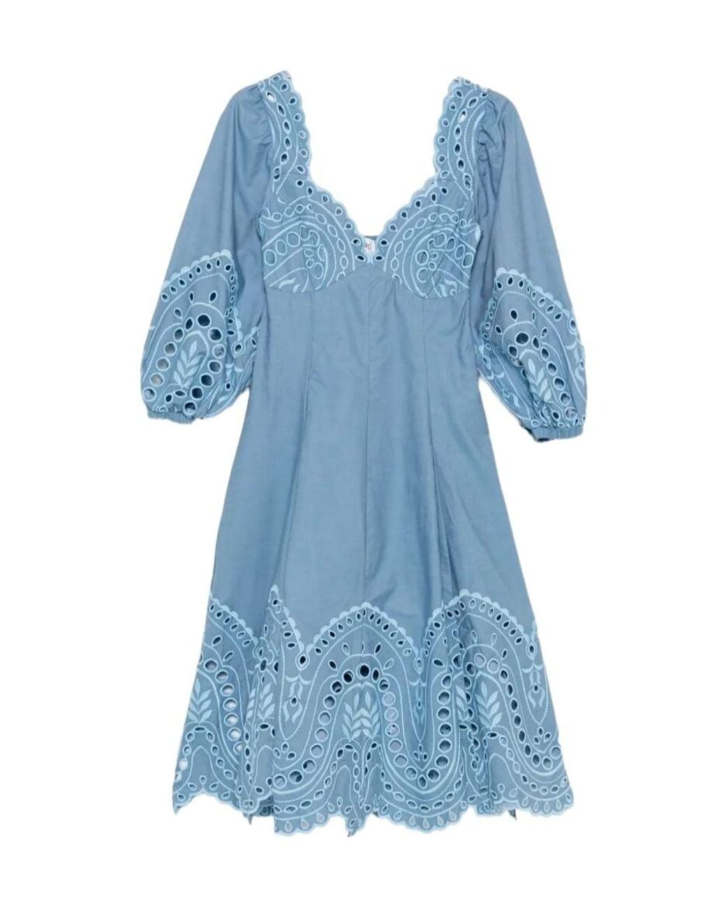 Charo Ruiz Blue Corbin Puff-Sleeves Midi Dress