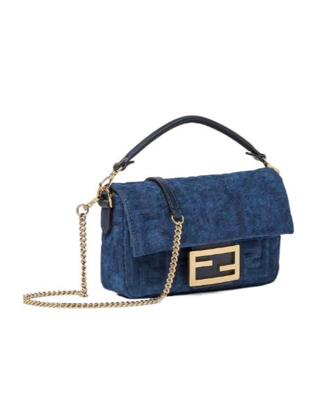 Fendi Blue Baguette Mini Flocked Ff Denim Bag