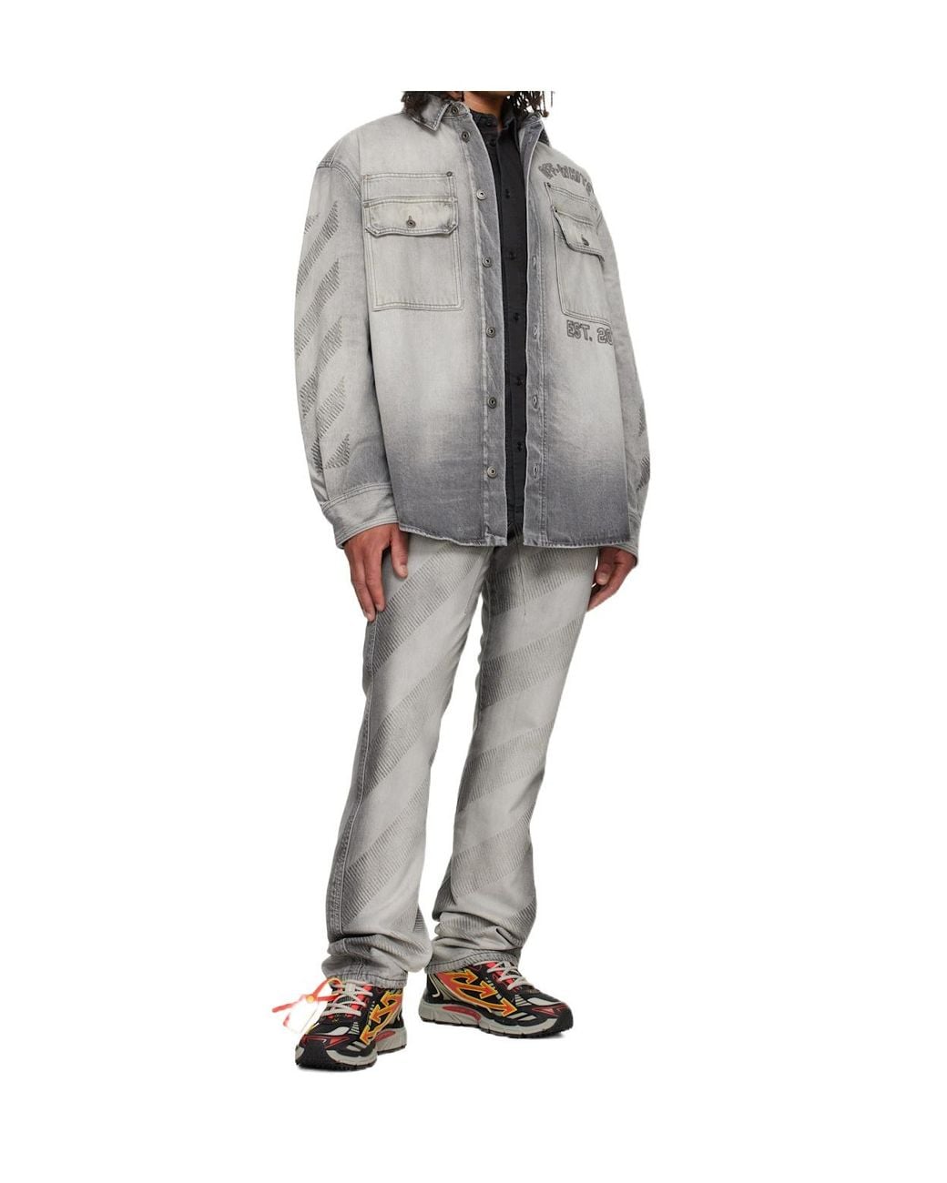 Off-White c/o Virgil Abloh Gray Diagonals-Print Embroidered Denim Military Jacket for men