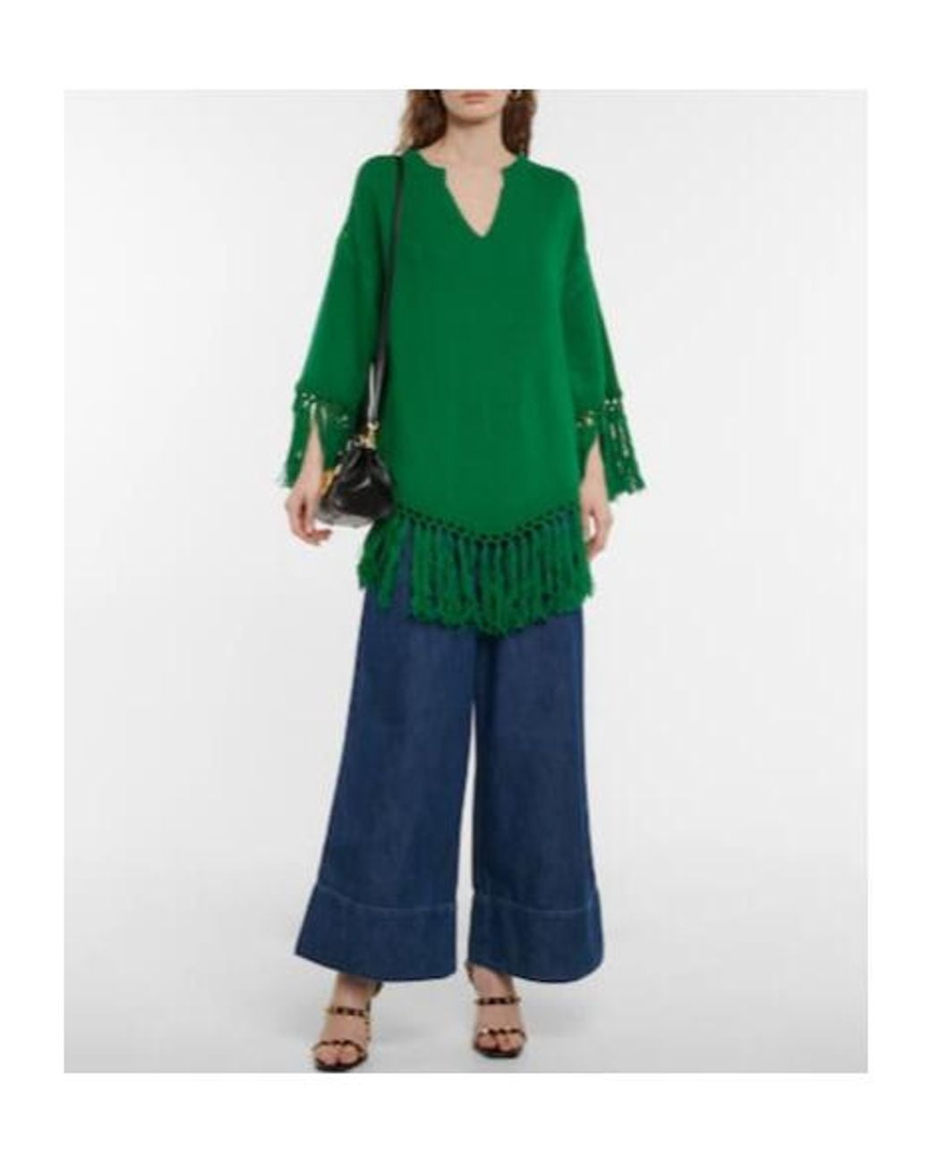 Valentino Green Fringe-Trimmed Virgin Wool Poncho