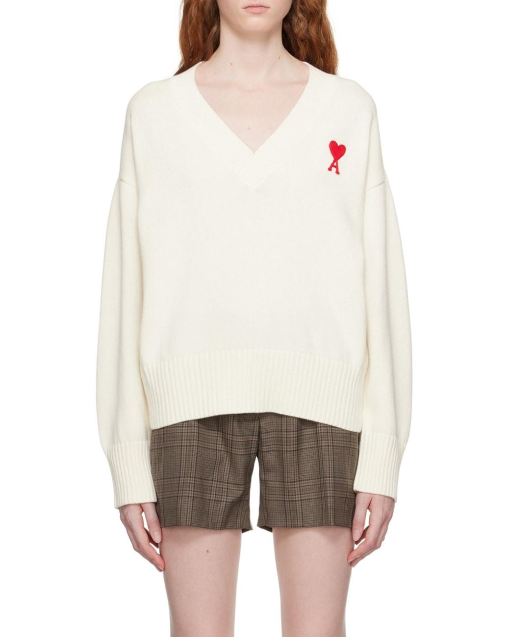AMI White Ami De Coeur V-Neck Jumper for men