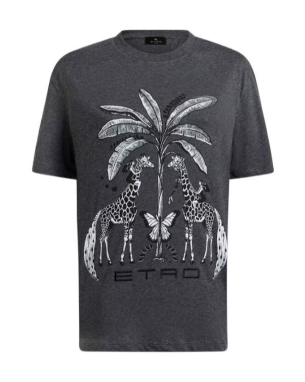Etro Black Cotton Jersey T-Shirt With Placed Giraffe Print