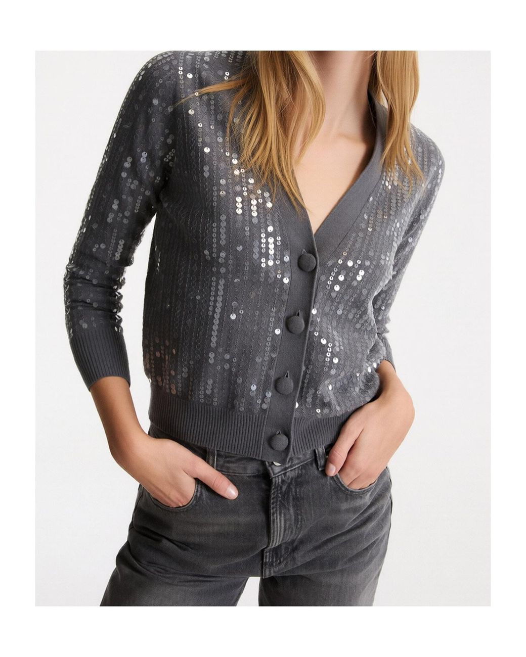 Marella Gray Button-Front Long-Sleeve Knit Top