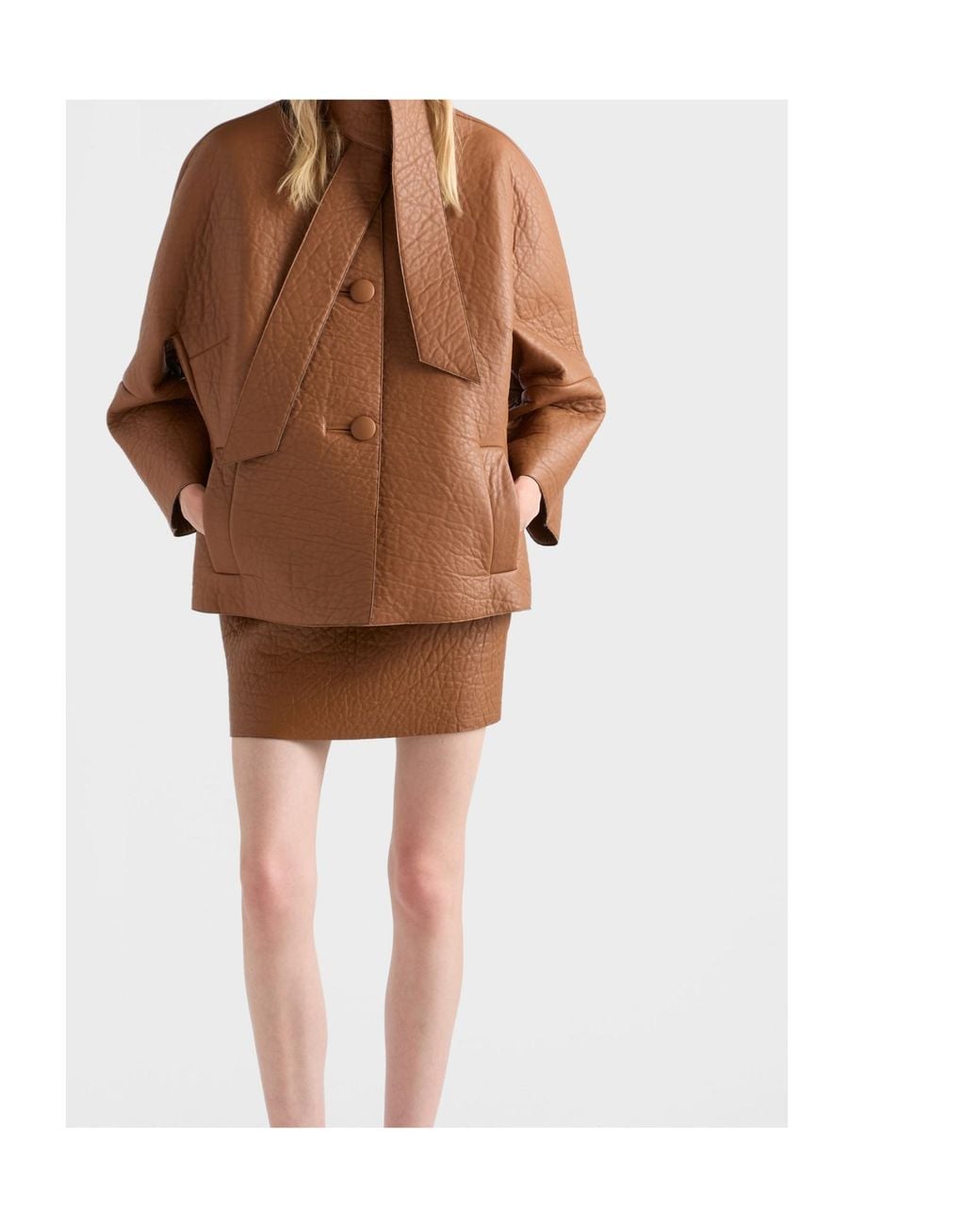 Prada Brown Nappa Leather Jacket With Scarf