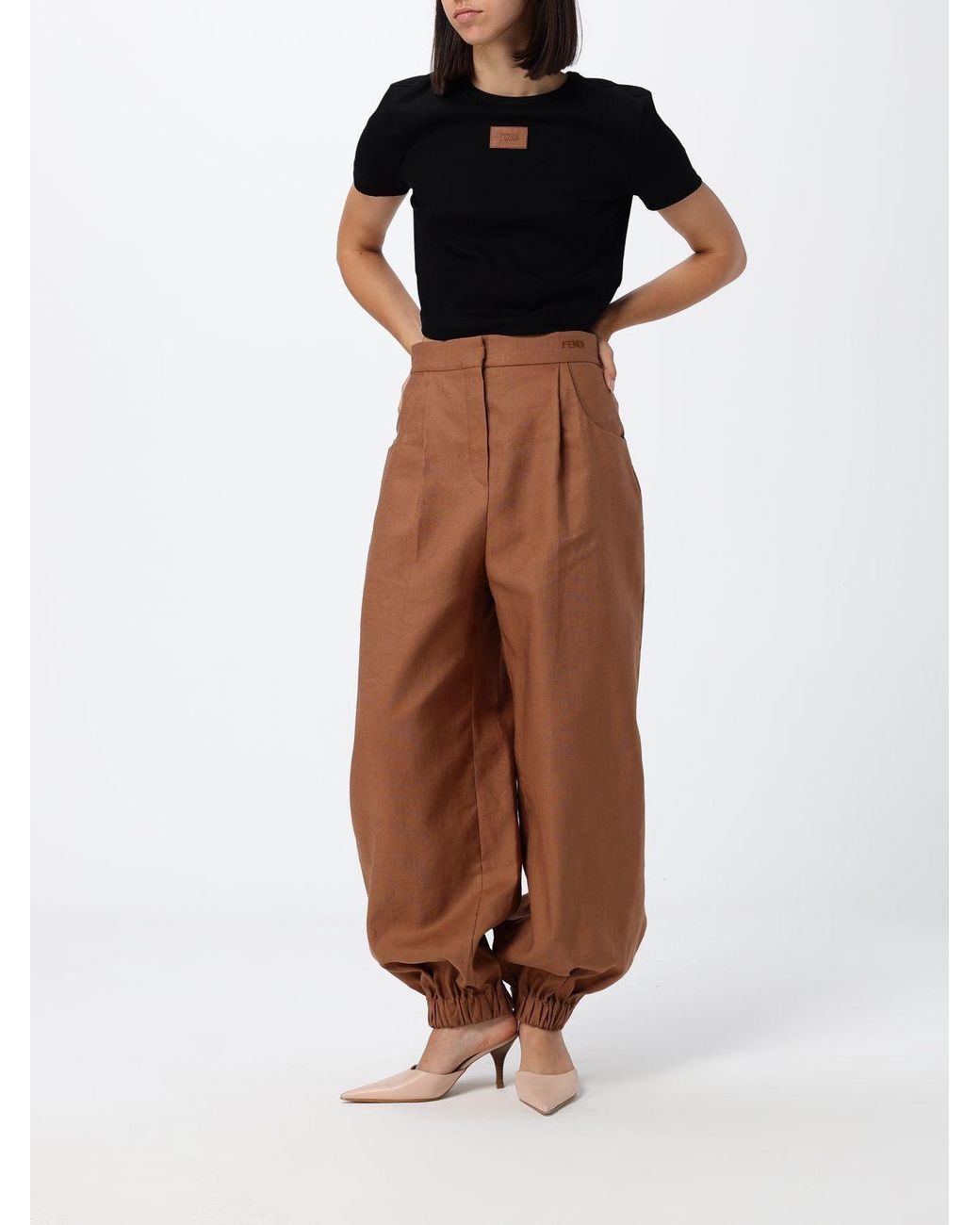 Fendi Black Cropped Ribbed Logo-Patch T-Shirt
