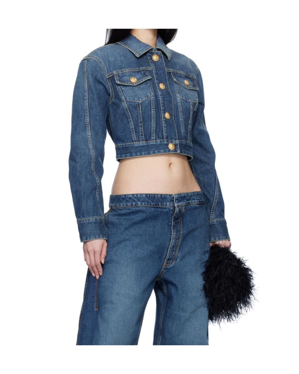 Balmain Blue Cropped Faded Denim Jacket