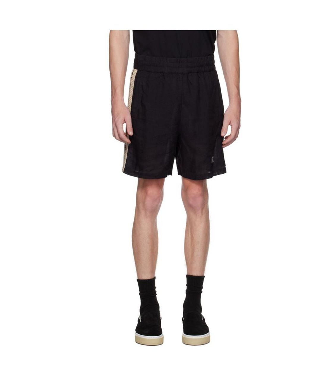 Palm Angels Black Monogram-Embroidered Striped Shorts for men