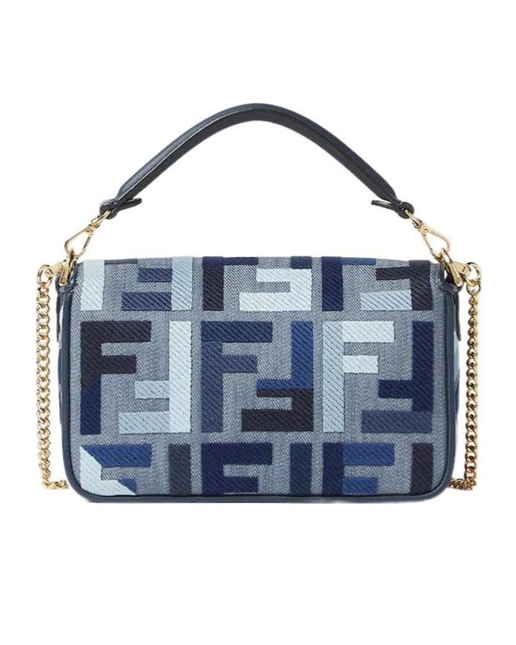 Fendi Blue Baguette Ff Embroidered Mini Tote Bag