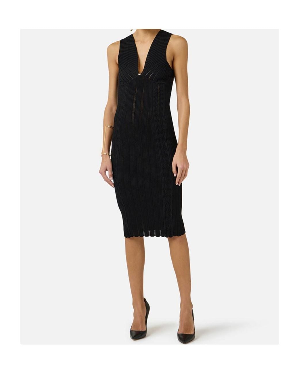 Elisabetta Franchi Black Pointelle V-Neck Knitted Dress