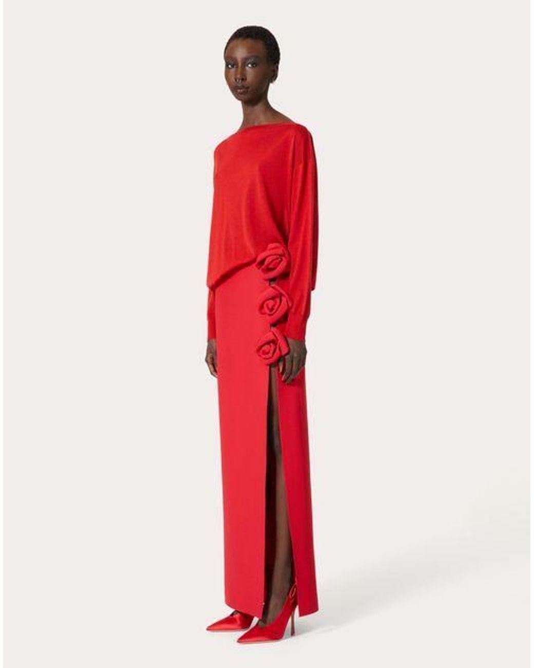 Valentino Red Floral-Appliqué Maxi Skirt