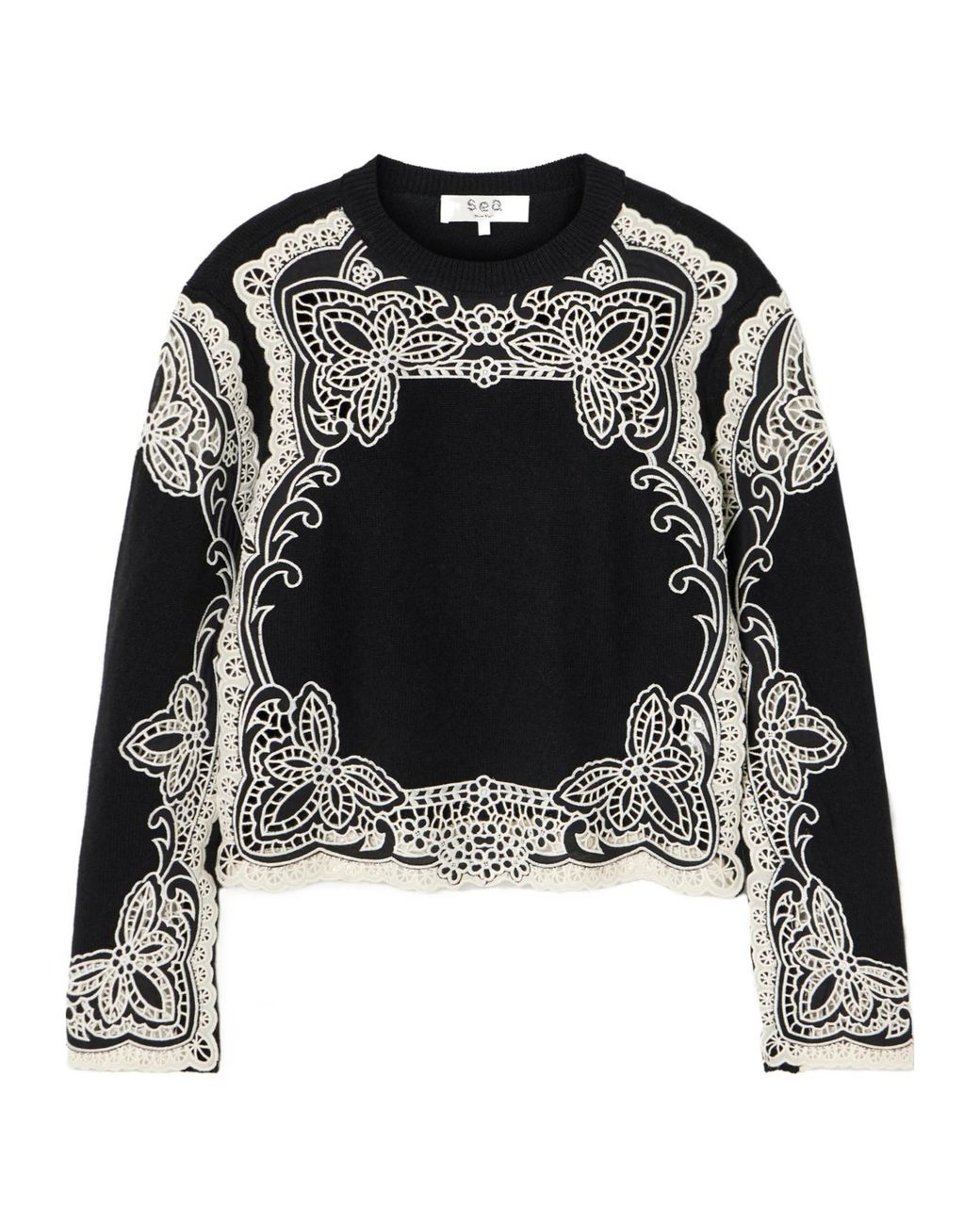 Sea Black Madeira Embroidery Patchwork Sweater