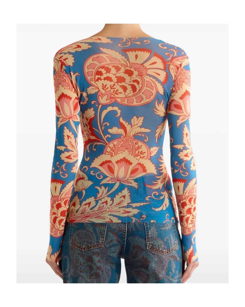 Etro Blue Floral-Motif Long-Sleeve Top