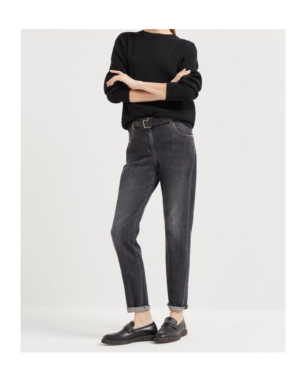 Brunello Cucinelli Black Cotton English Rib Sweater With Monili